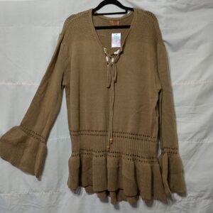 POL Women's Brown V-Neck Sweater with Ruffle Hem